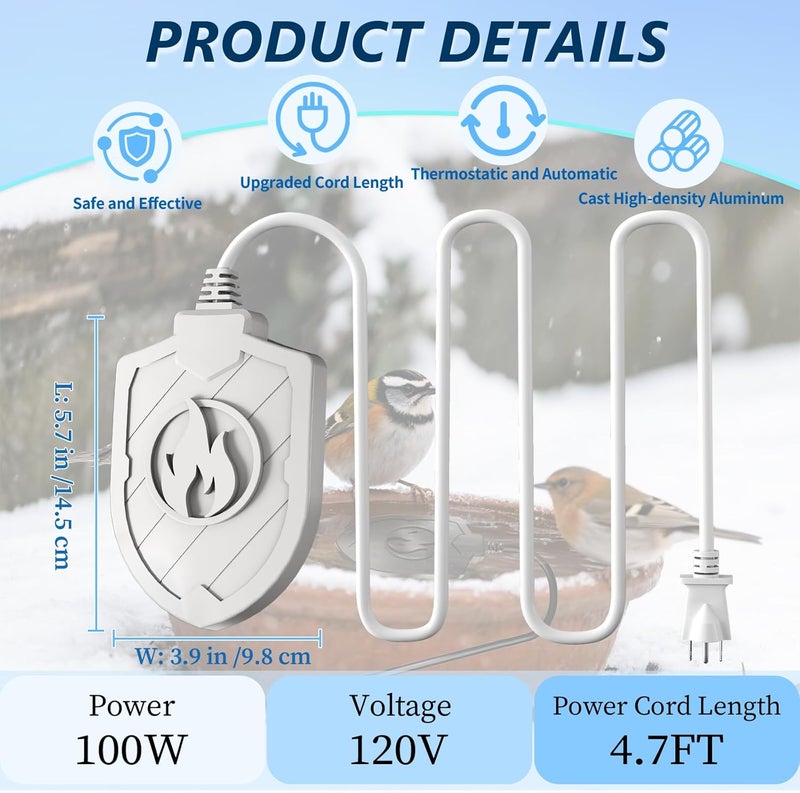 We-buys Bird Bath Heater for Outdoors in Winter, 100W Birdbath Water Heater Submersible for Winter Full-Covered Aluminum, Heated Bird Bath Deicer Thermostatic Control for Yard Patio Small Pond(White) - Image 2